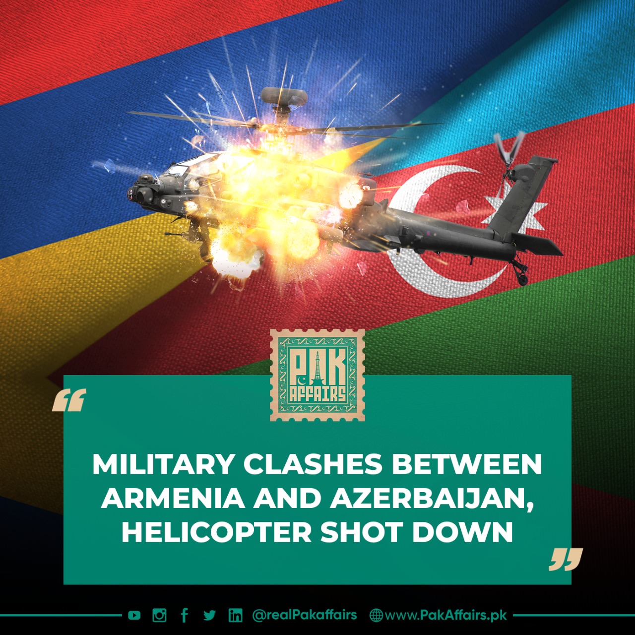 Military clashes between Armenia and Azerbaijan, helicopter shot down.