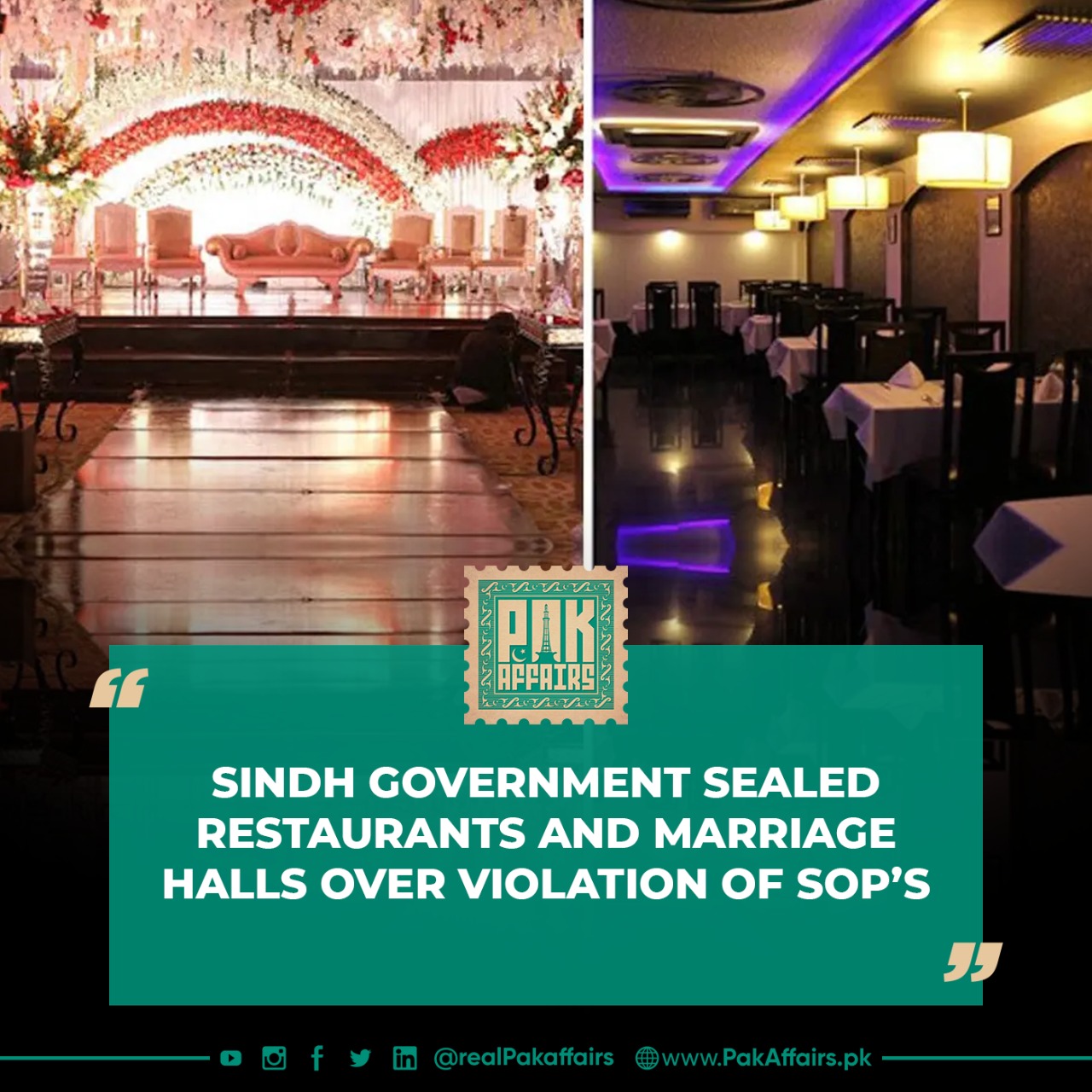 Sindh Government sealed restaurants and marriage halls over violation of SOPs: