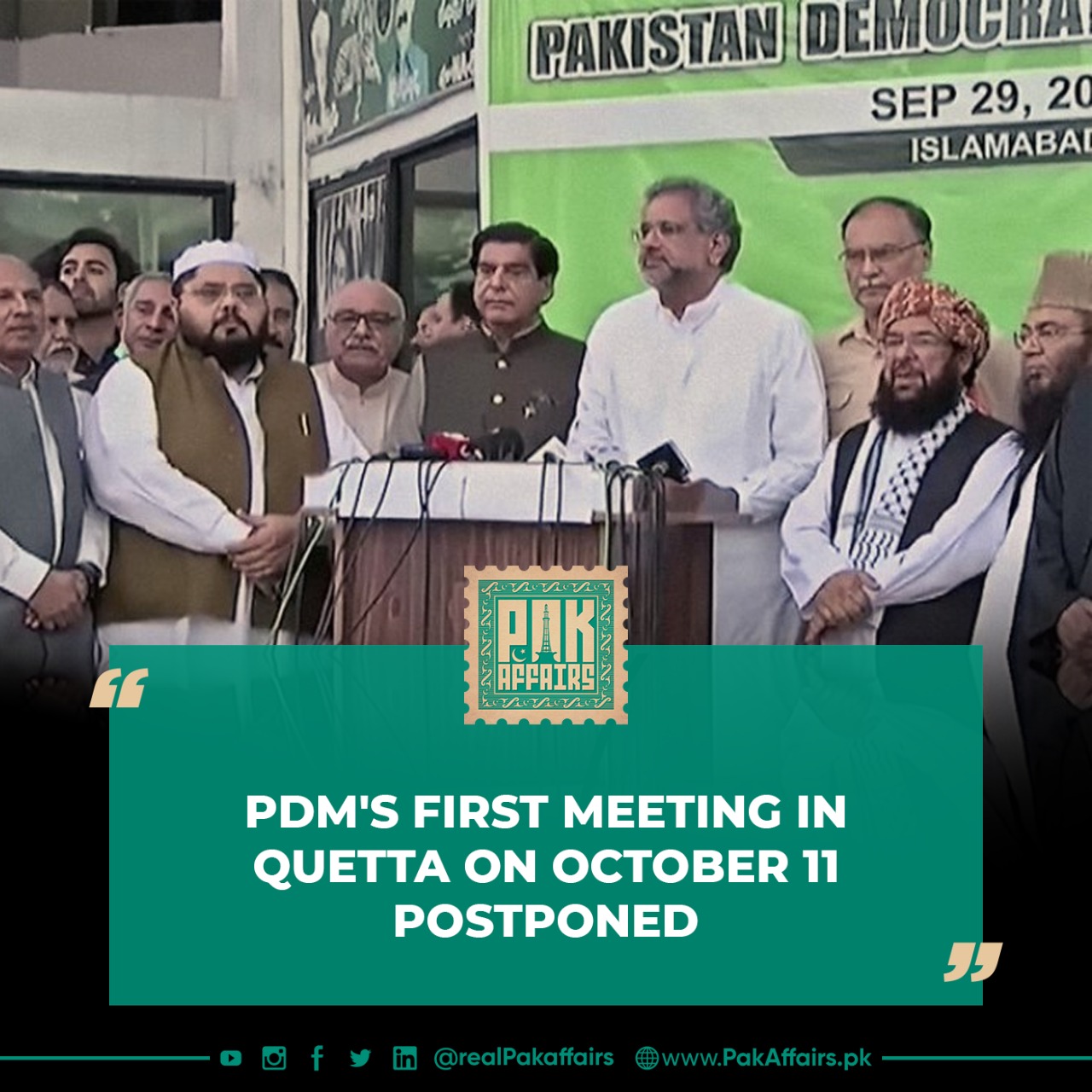 PDM's first meeting in Quetta on October 11 postponed.