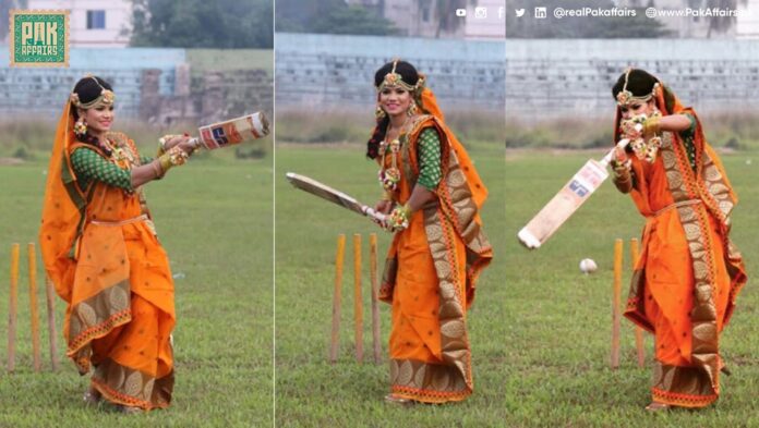 Bangladeshi female cricketer Sanjeeda Islam playing cricket in her wedding dress